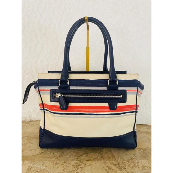Coach Candance legacy stripe indigo canvas/Leather TOte, sHoulder Bag 22397 - Picture 2 of 10